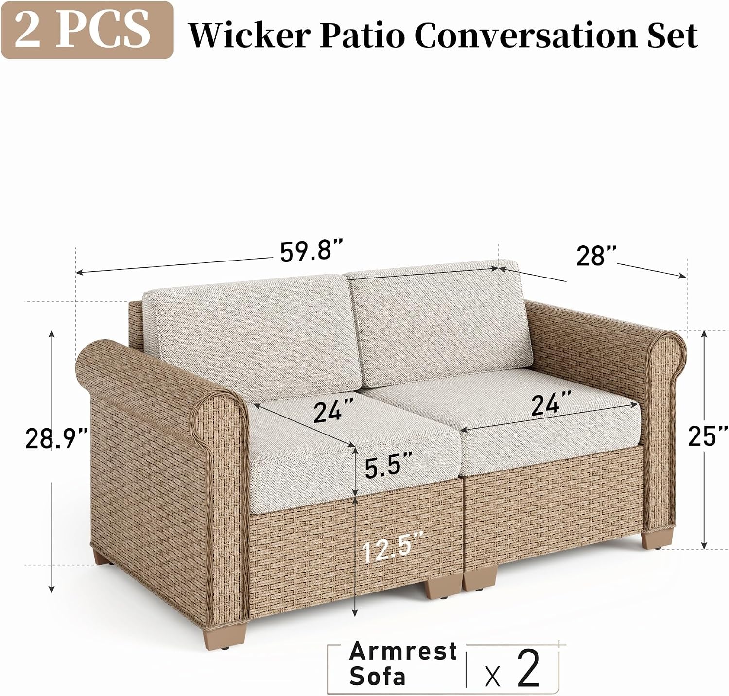 SUNSHINE VALLEY Patio Rattan loveseat, 2-Seat Wicker Rattan Sofa with 5.5' Thick Waterproof Cushions, All Weather Outdoor Conversation Set for Lawn Backyard Garden and Deck, Beige