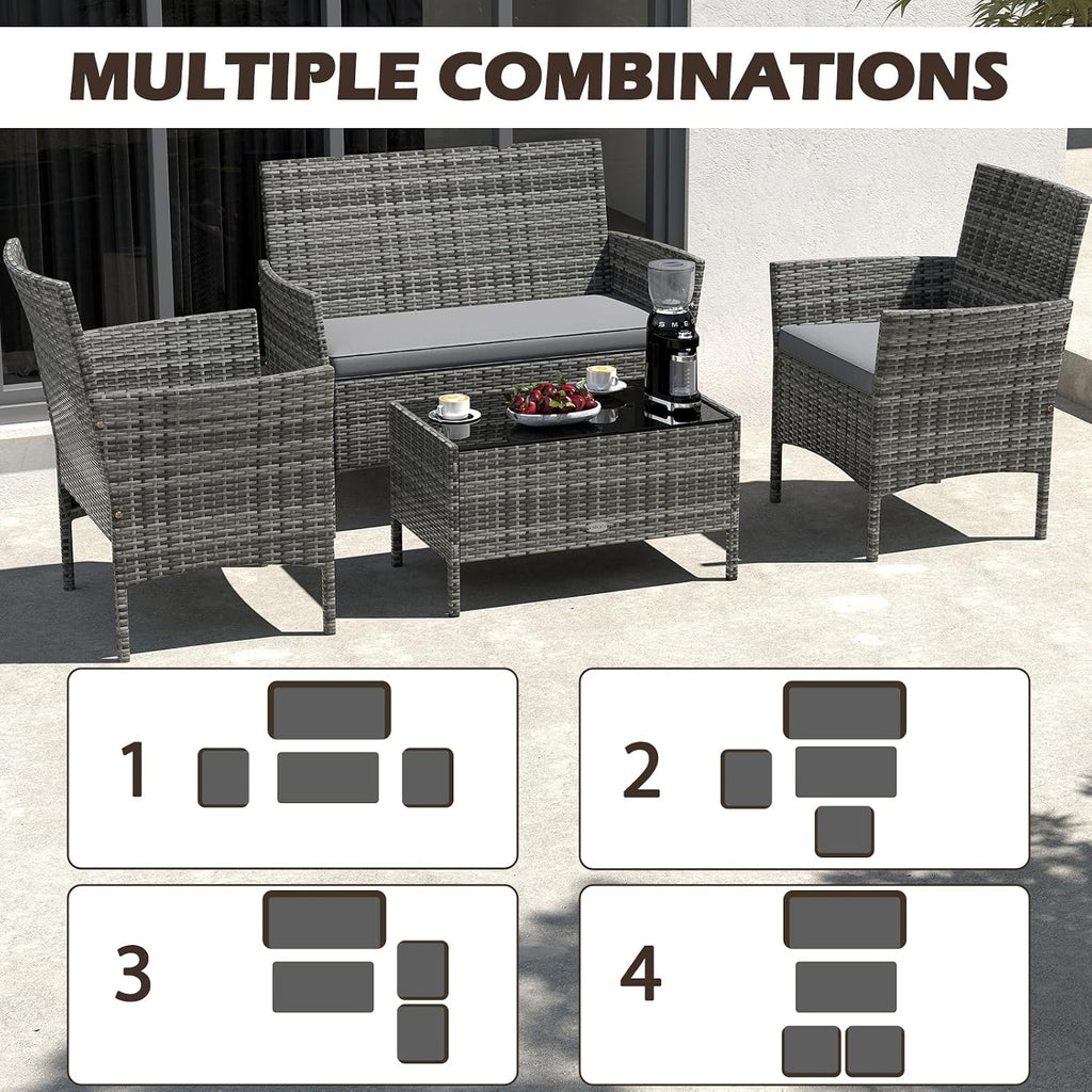 RELAX4LIFE 4-Piece Patio Furniture Set - Rattan Outdoor Conversation Bistro Set w/Cushions, Glass Coffee Table, Wicker Chairs & Loveseat for Garden Backyard Porch, Balcony Furniture Set (1, Mix Grey)