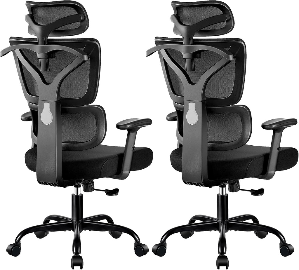 Ergonomic Office Chair High Back Desk Chair with Lumbar Support, Breathable Mesh Computer Chair with Adjustable Armrests Height, Reclining Big and Tall Gaming Chair for Home Office, (Black 2Pack