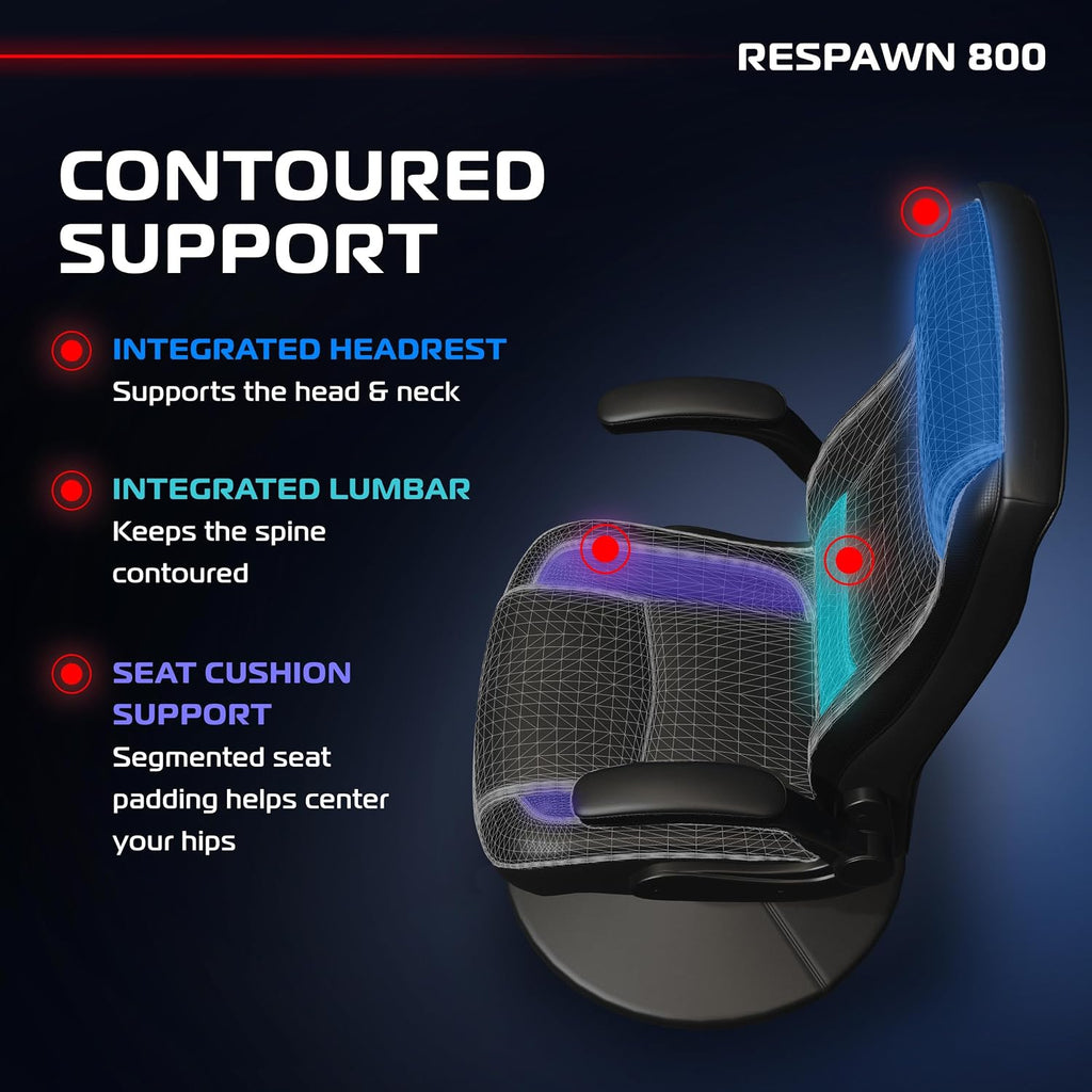 RESPAWN 800 Swivel Rocker Gaming Chair - Ergonomic Floor Gaming Seat with Lumbar Support, Flip Up Armrest, High Back, Pedestal Base, Comfortable No Wheels Console Video Game Rocker Chair - Black