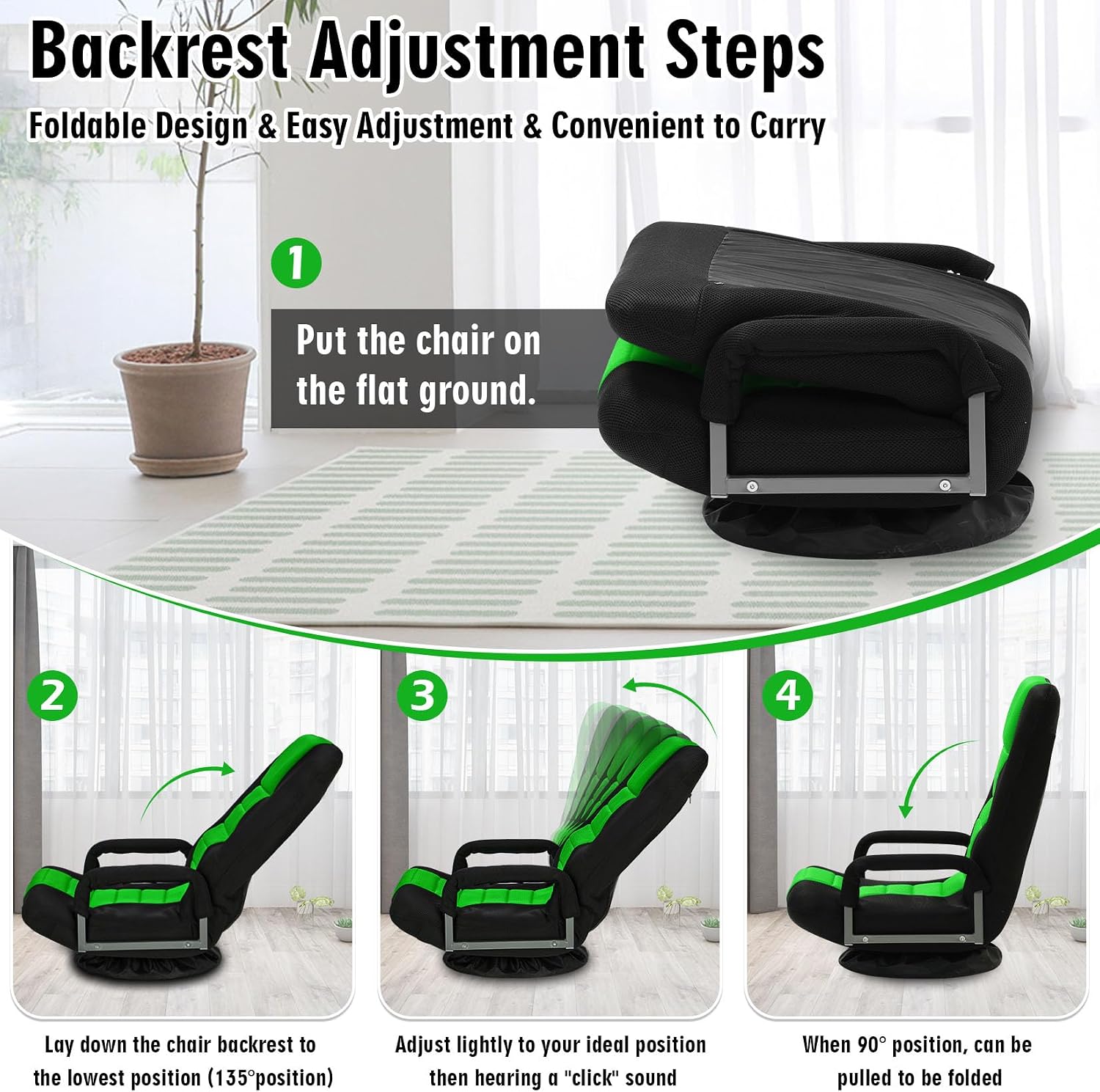 Swivel Floor Gaming Chair w/Armrests,Folding Video Reclining Sofa w/6 Adjustable Position, Padded Backrest & Cushion, Lazy Lounger Couch for E-Sports, Reading, Relaxing, Watching TV, Green