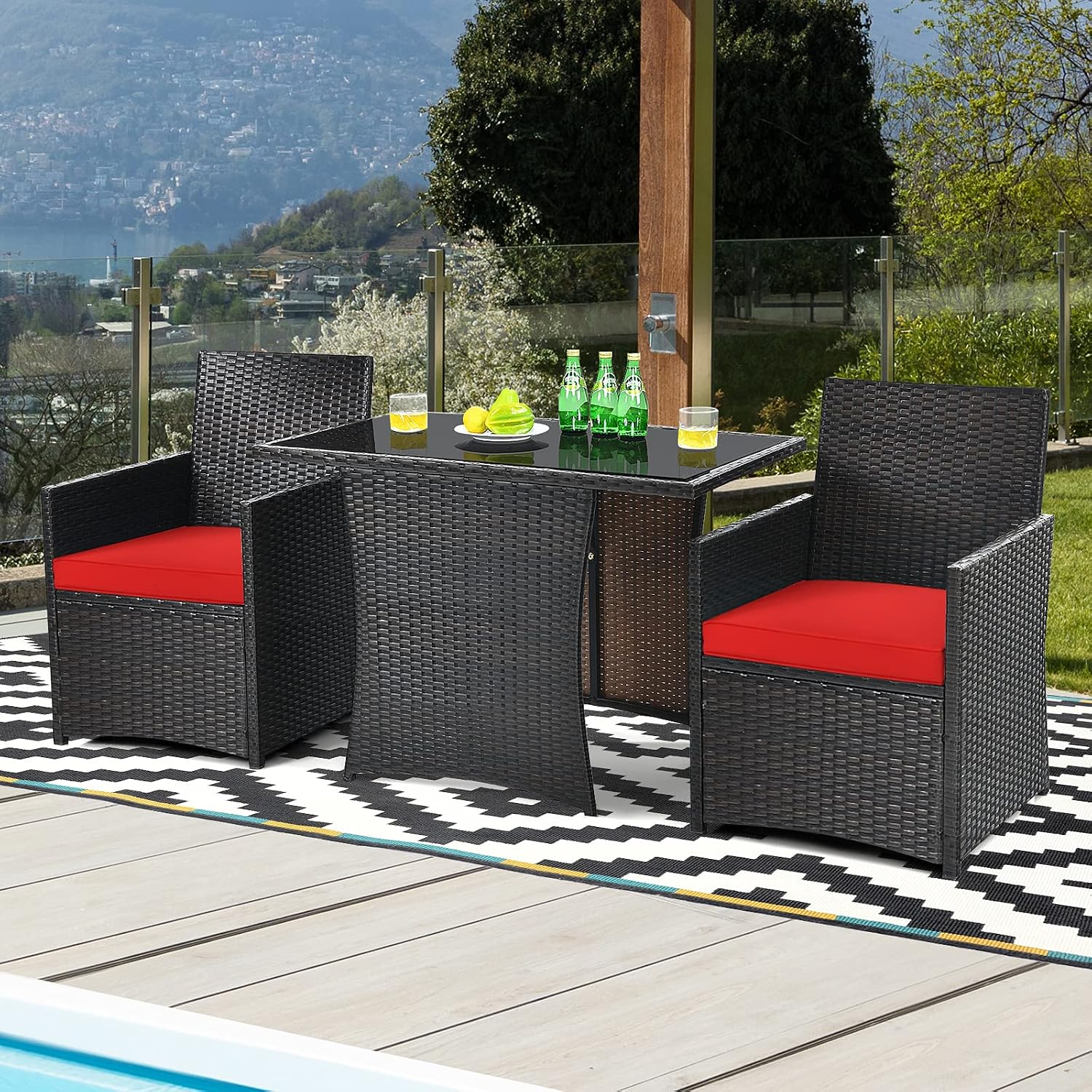 Tangkula 3 Pieces Patio Dining Set, Space-Saving PE Rattan Bistro Set with Tempered Glass Top Table and Cushioned Chairs, Outdoor Conversation Set for Garden Backyard Poolside Porch (Red)