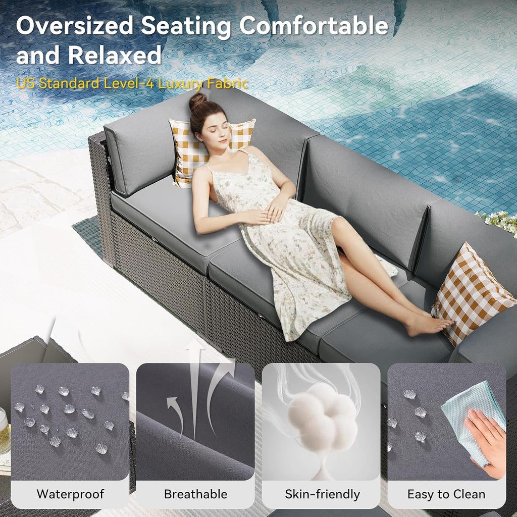 Aoxun Patio Furniture Set, 7 Piece Outdoor Sectional Sofas with Waterproof Cover, Wicker Rattan Outdoor Furniture Patio Conversation Set for Backyard, Garden Light Grey