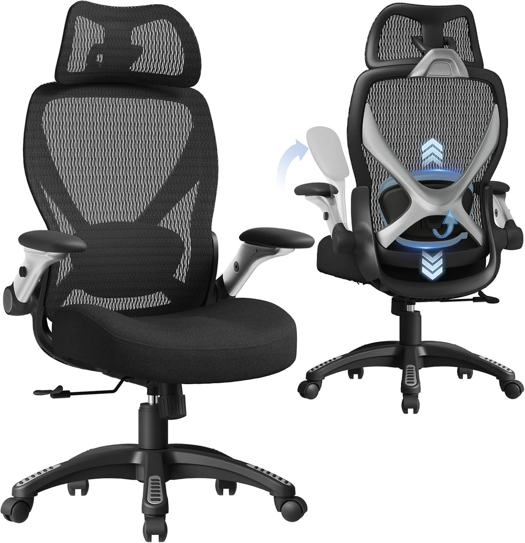 ELABEST X100 Ergonomic Mesh Office Chair, Big and Tall Hone Desk Chair with 5D Flip-Up Arms, Adjustable 3D Lumbar Support,Gaming & Executive Computer Chairs for Long Hours, Padded Seat
