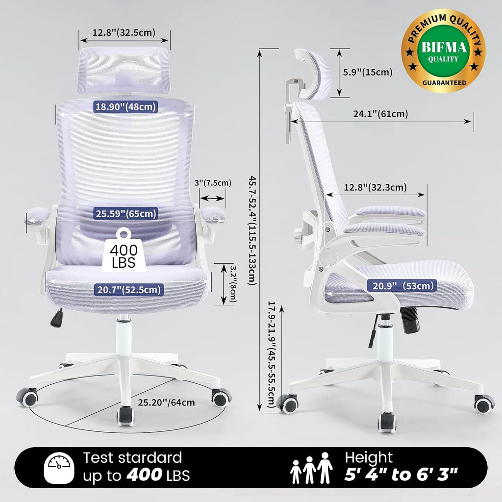 Fizzin Ergonomic Office Chair, 400 LBS Desk Chair with Adjustable Lumbar Support, High Back Breathable Mesh Computer Chair Rolling Work Swivel Task Chairs, Comfy Home Office Desk Chair (Lavender)