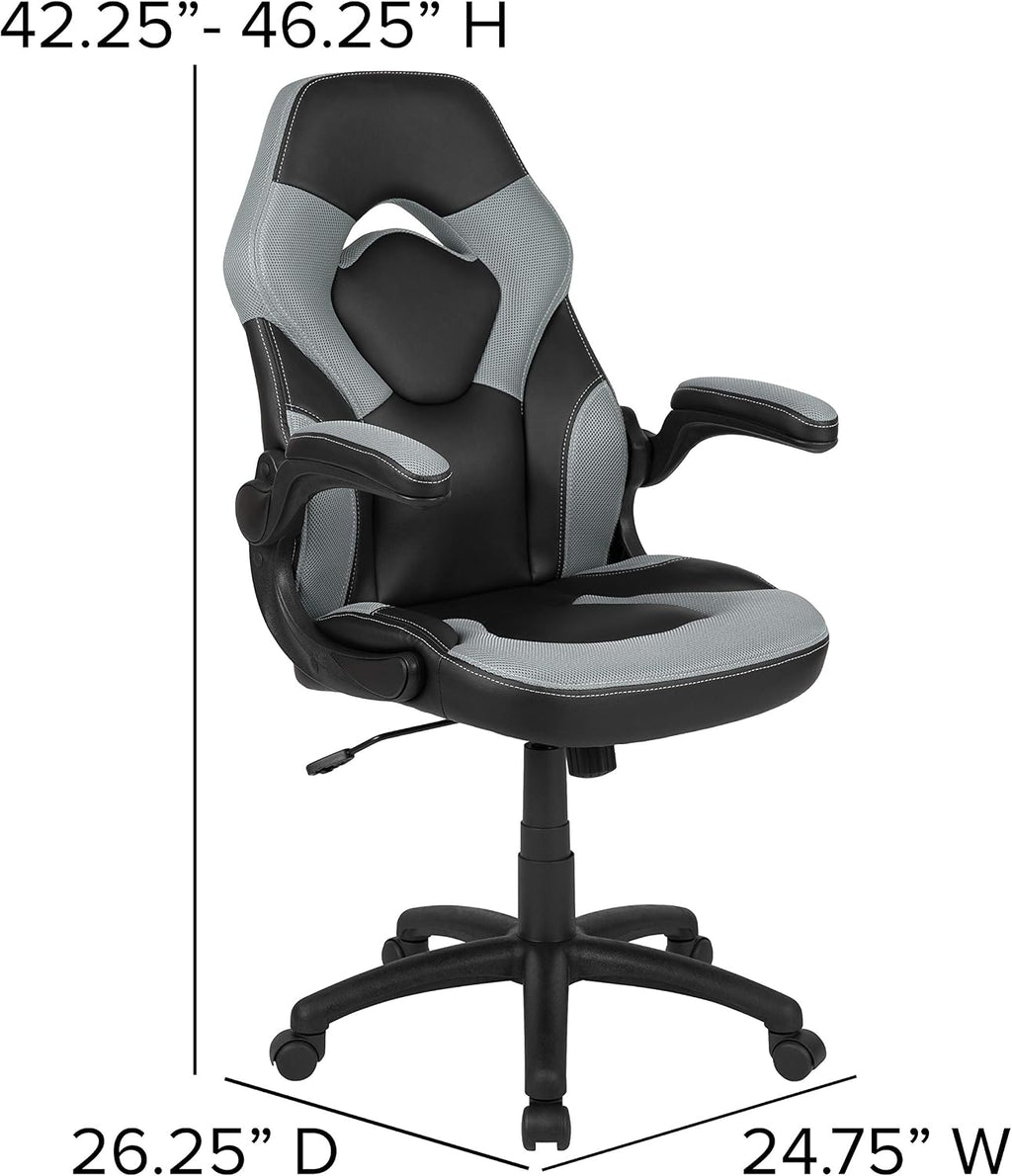Flash Furniture X10 High-Back LeatherSoft Racing Style Gaming Chair with Flip-Up Arms, Ergonomic Padded Swivel Computer Chair, Gray/Black