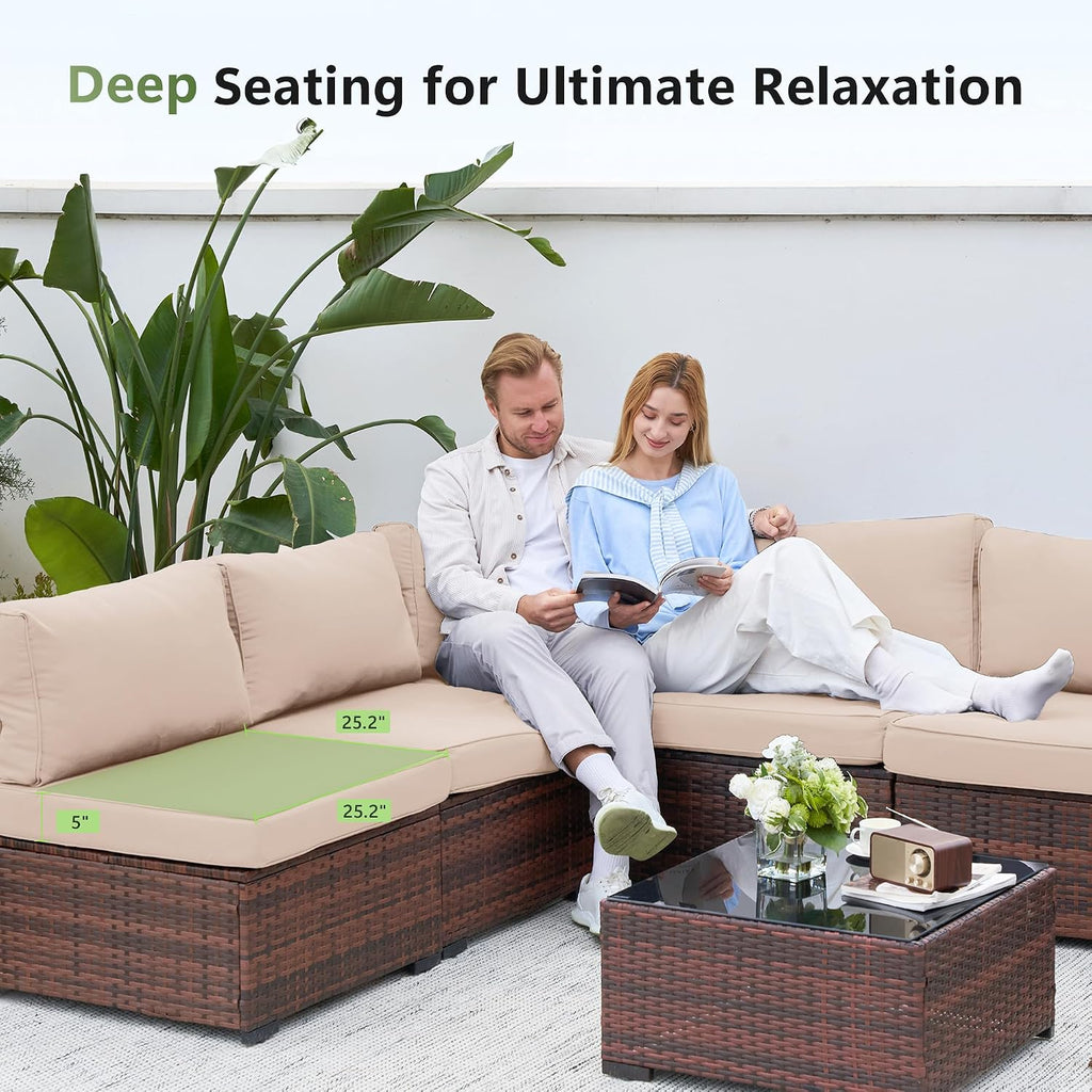 Amopatio Outdoor Patio Furniture Set 7 Pieces Patio Conversation Set Sectional Couch Sofa with All-Weather Cover, Glass Table & Thicken Cushion Fits Garden Yard Porch