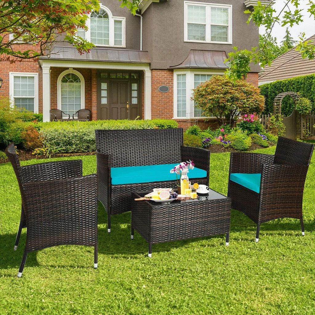 HAPPYGRILL 4-Piece Patio Furniture Set Rattan Wicker Conversation Set with Cushioned Sofa and Coffee Table for Outdoor Backyard Garden Poolside