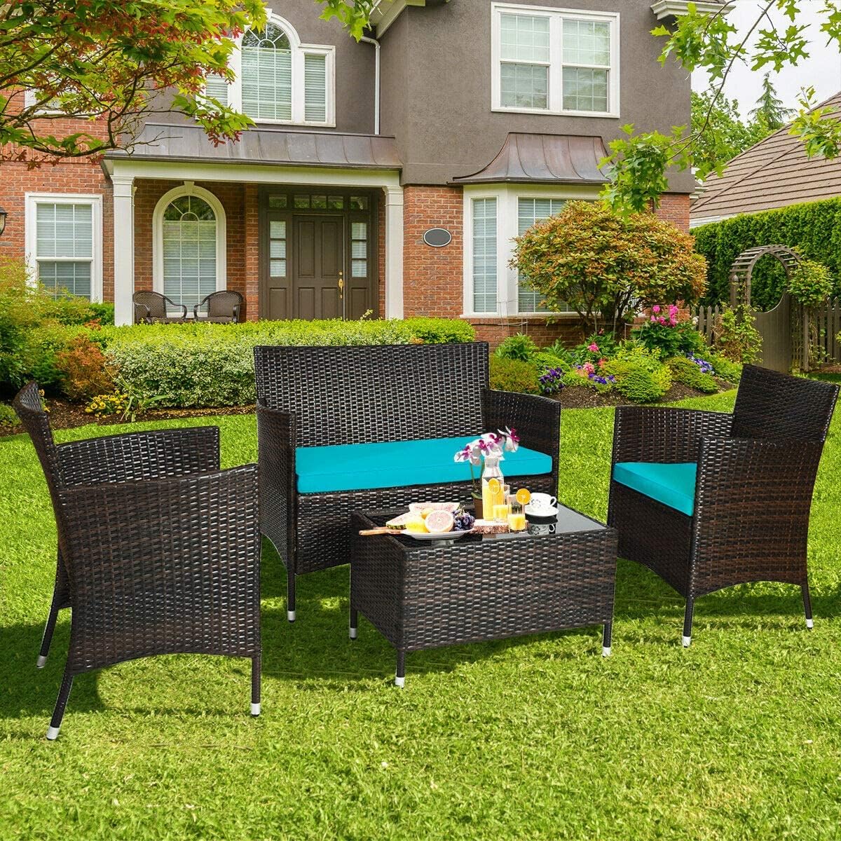 HAPPYGRILL 4-Piece Patio Furniture Set Rattan Wicker Conversation Set with Cushioned Sofa and Coffee Table for Outdoor Backyard Garden Poolside