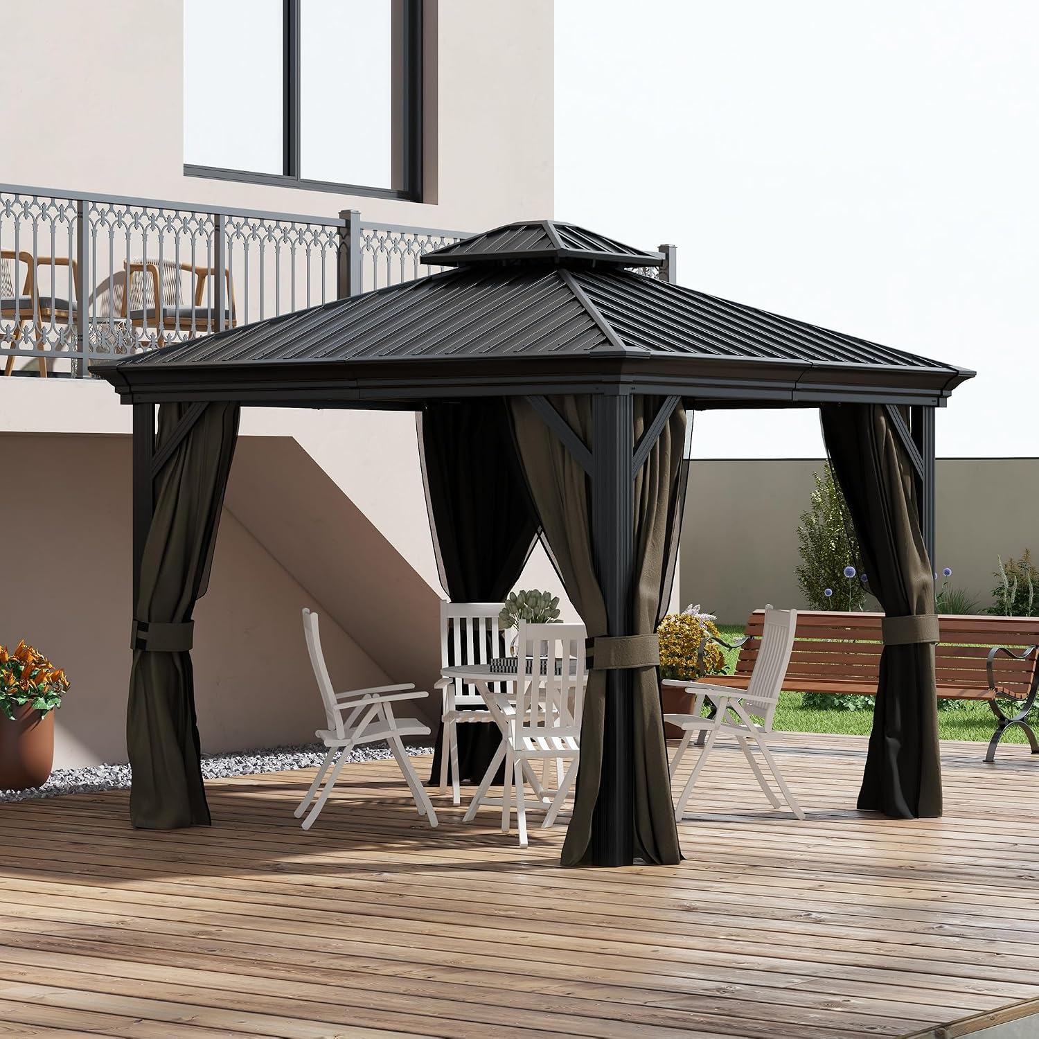 Outsunny 10' x 10' Hardtop Gazebo with Curtains and Netting, Permanent Pavilion Metal Double Roof Gazebo Canopy with Aluminum Frame and Hooks, for Garden, Patio, Backyard, Dark Brown