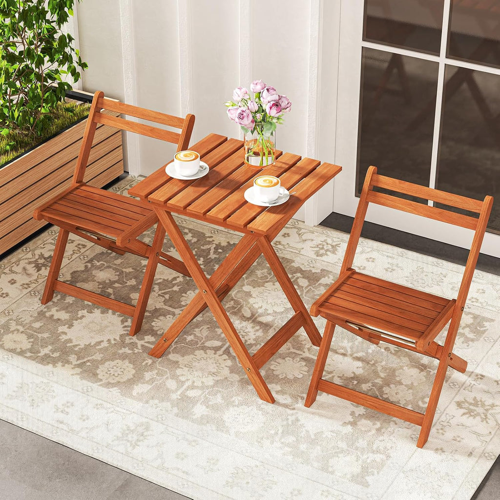 Tangkula 3 Pieces Solid Wood Patio Bistro Set with 2 Folding Chairs, Outdoor Table and Chairs Set, Balcony Furniture Set, Small Patio Set for Porch, Deck, Garden and Backyard