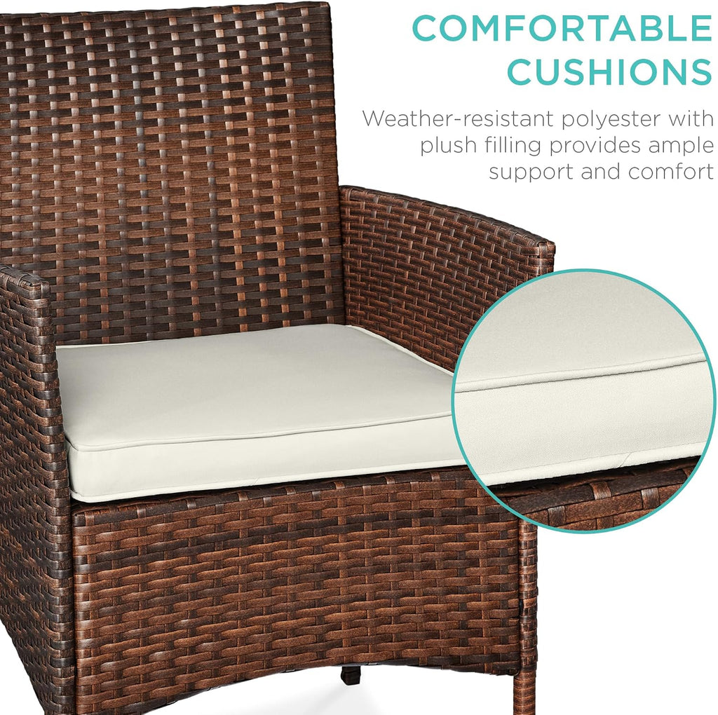 Best Choice Products 3-Piece Outdoor Wicker Conversation Bistro Set, Space Saving Patio Furniture for Garden w/Side Table - Brown/White Sand