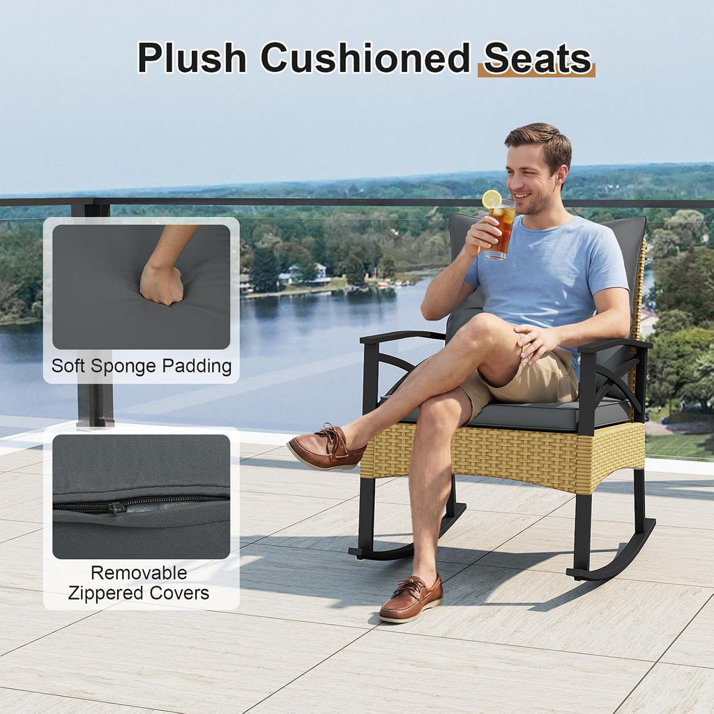 Tangkula 3 Pieces Outdoor Rocking Chairs Set, Rattan Heavy Duty Cushioned Rocker Chairs with 2-Tier Tempered Glass Coffee Table, for Garden, Balcony, Backyard (Yellow+Gray)
