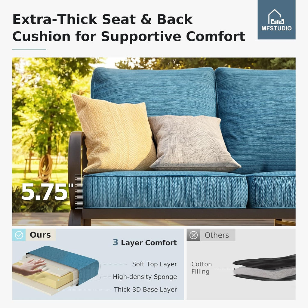 MFSTUDIO Metal Patio Conversation Sets, Outdoor Furniture Sofas Set of 2, 2 Pieces Durable Steel Frame Patio Swivel Chairs with 5.8' Peacock Blue Cushions for Patio Garden Backyard Balcony