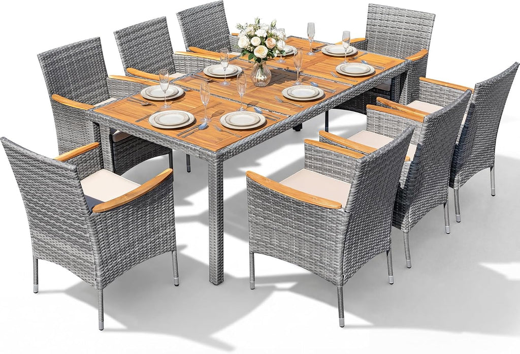 Devoko Outdoor Patio Dining Sets 9 Pieces Wicker Outdoor Dining Table and Chairs Set with Acacia Wood Table Top and Widened Armrests for Backyard, Garden, Deck (Grey)