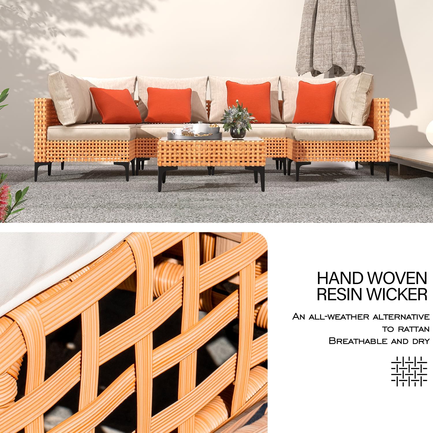 10 Piece Outdoor Patio Furniture Set Modular Outdoor Furniture Set Wicker Outdoor Sectional Sofa with Table Patio Set for Balcony Porch Deck Yard (Salmon&Orange Wicker, Sand Cushion)