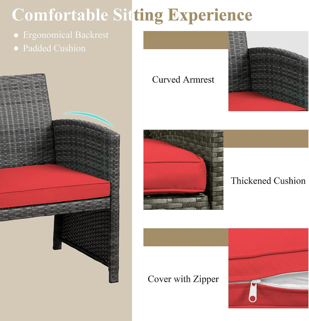 JAMFLY 4 Piece Outdoor Patio Furniture Set, Outdoor Wicker Rattan Chairs Conversation Sets with Cushions & Coffee Table for Outside, Garden, Balcony, Porch, Red