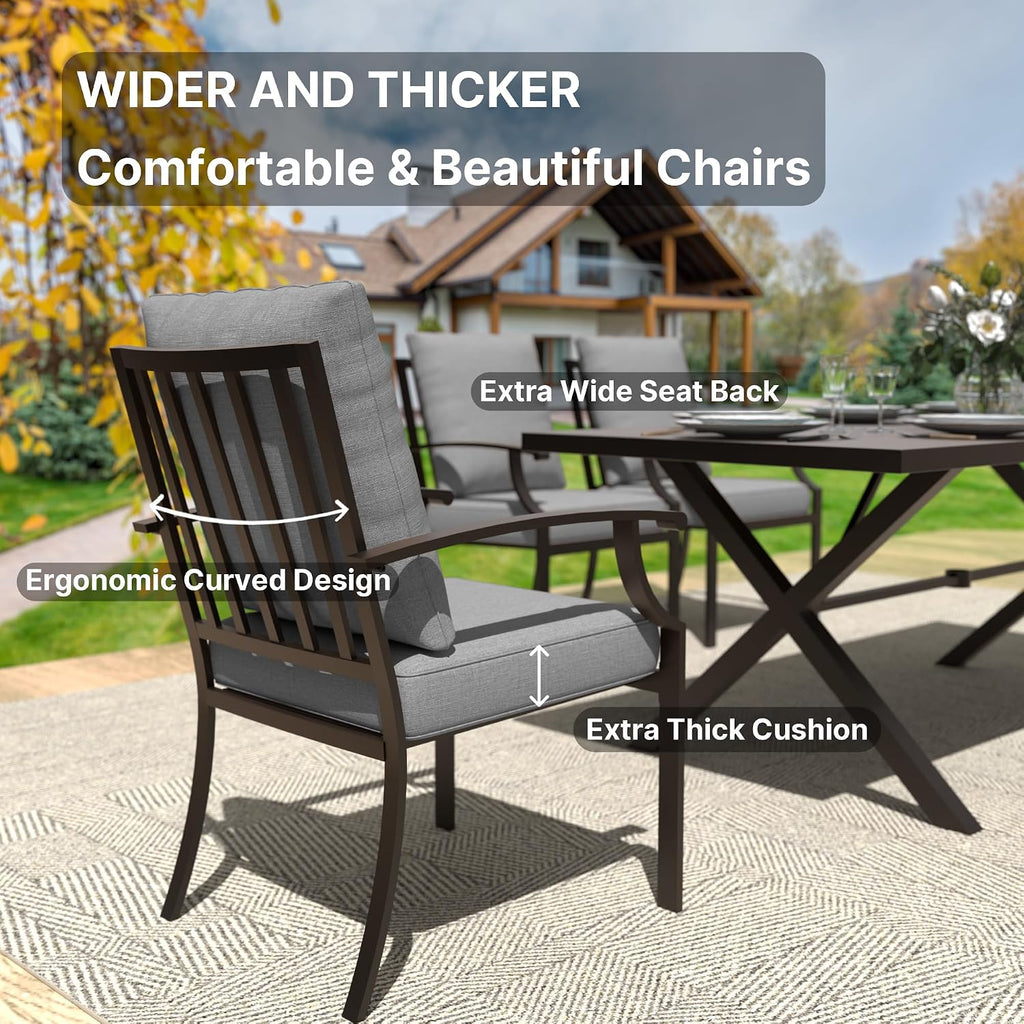 Gotland 9 Piece Outdoor Dining Set, Metal Outdoor Table and Swivel Chairs with X-Shaped Legs 1.5' Umbrella Hole, Patio Furniture Set with Waterproof Cushions, Patio Dining Sets for Backyard Deck Gray