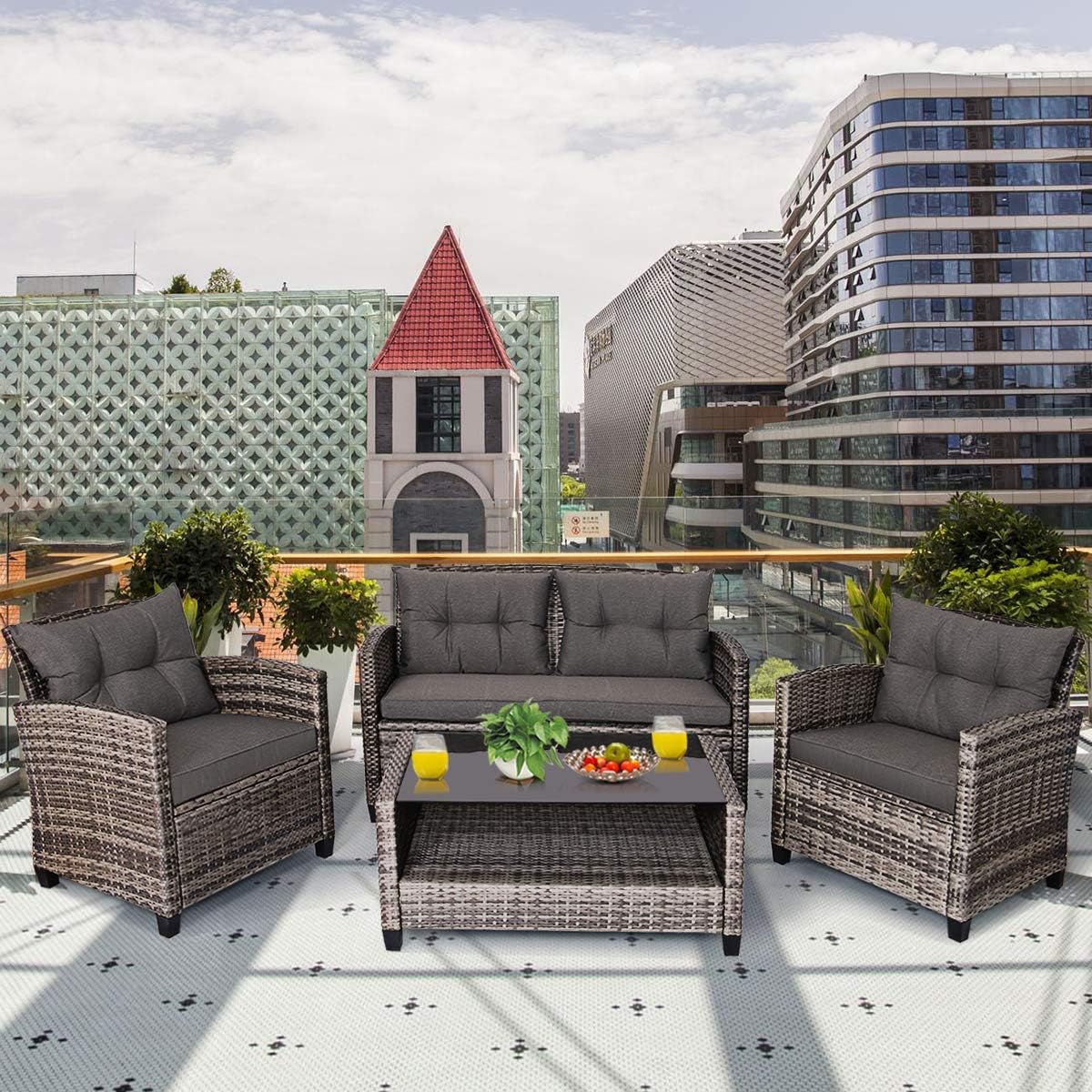 Tangkula 4 PCS Patio Wicker Conversation Furniture Set, Outdoor Rattan Sofa Set with Padded Cushion & Tempered Glass Coffee Table, Wicker Sectional Sofas & Table for Courtyard Balcony Garden (1, Grey)