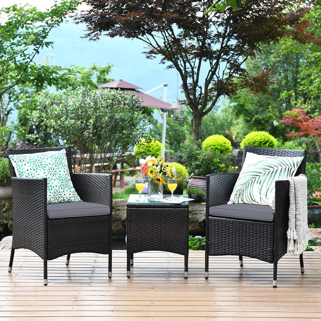 Tangkula Patio Furniture Set 3 Piece, Outdoor Wicker Rattan Conversation Set with Coffee Table, Chairs & Thick Cushions, Suitable for Patio Garden Lawn Backyard Pool (Grey)