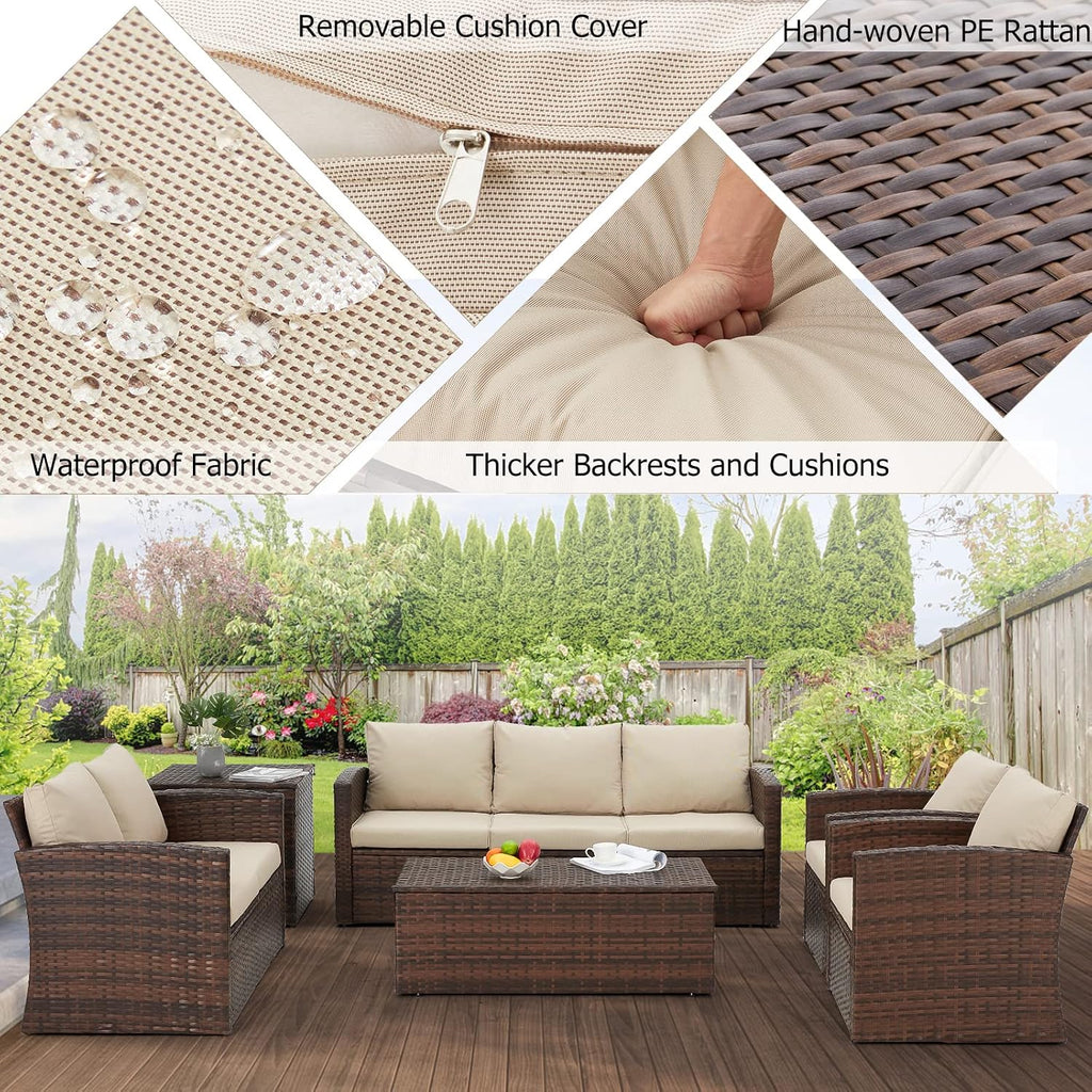 AECOJOY 7 PCS Patio Furniture Set with Two Storage Boxes&Patio Set Cover, Outdoor Rattan Conversation Set, PE Wicker Sectional Sofa Outdoor Furniture, Brown Rattan&Beige Cushions