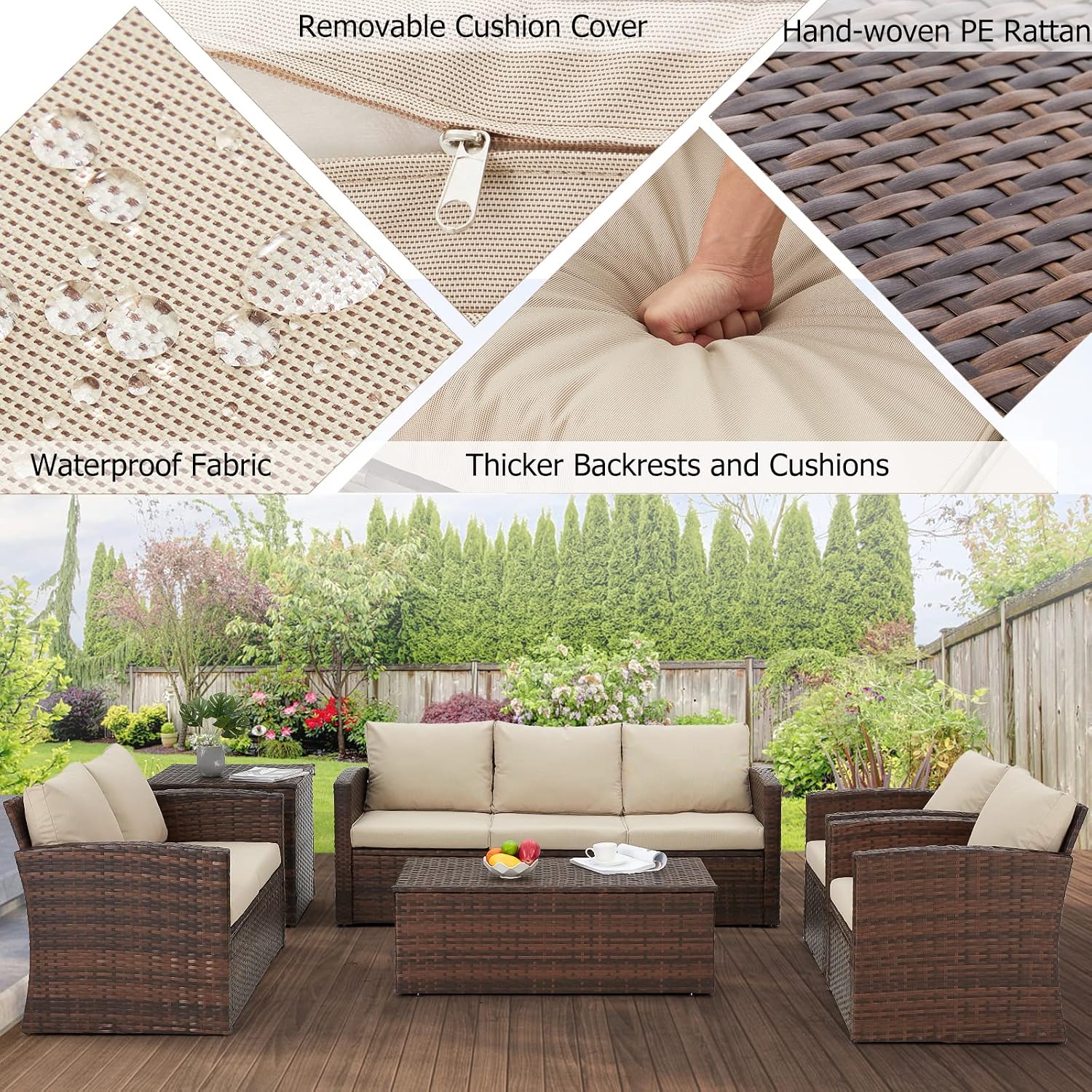 AECOJOY 7 PCS Patio Furniture Set with Two Storage Boxes&Patio Set Cover, Outdoor Rattan Conversation Set, PE Wicker Sectional Sofa Outdoor Furniture, Brown Rattan&Beige Cushions