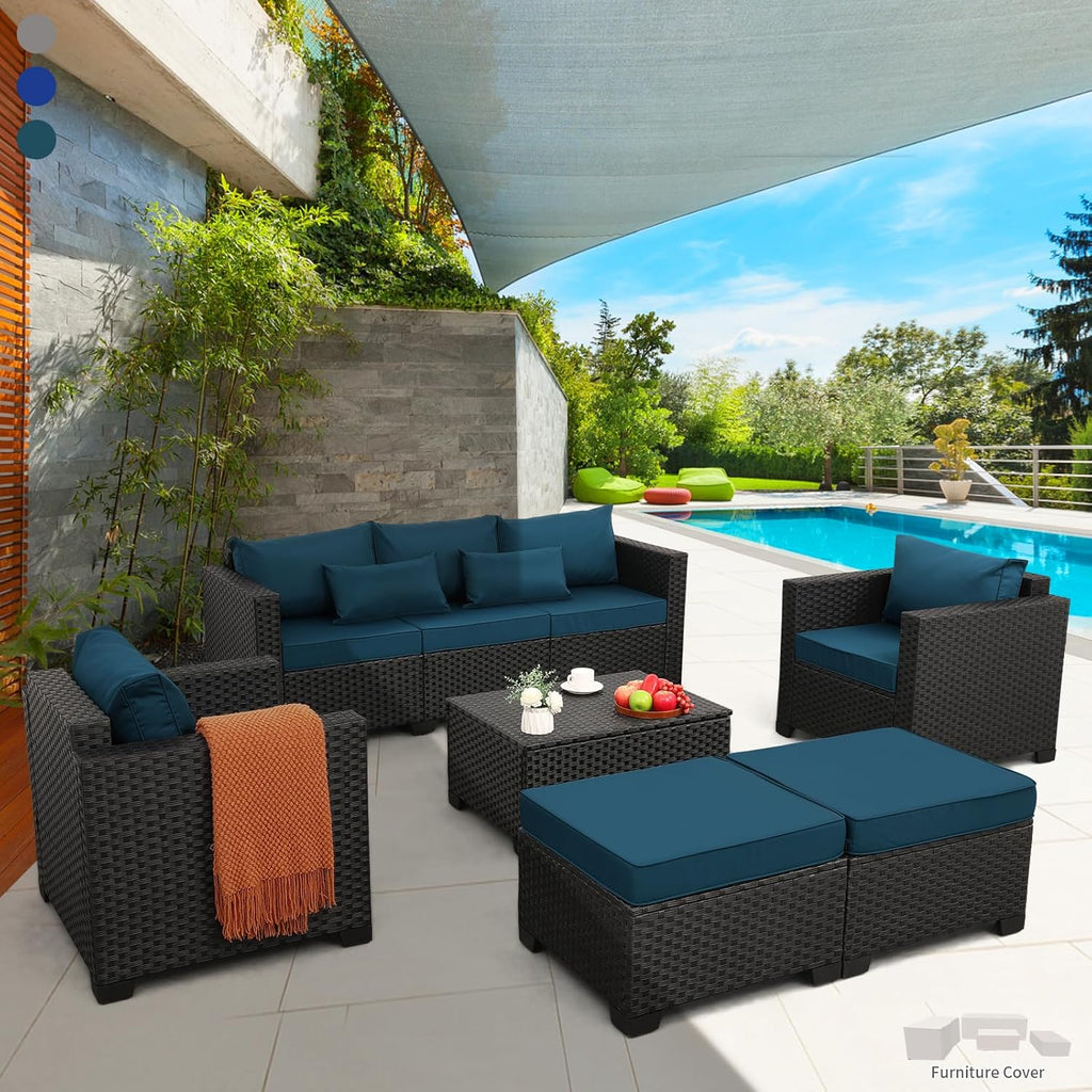 Rattaner Patio Furniture Set 6 Pieces Couch Outdoor Chairs Coffee Table Peacock Blue Anti-Slip Cushions and Waterproof Covers