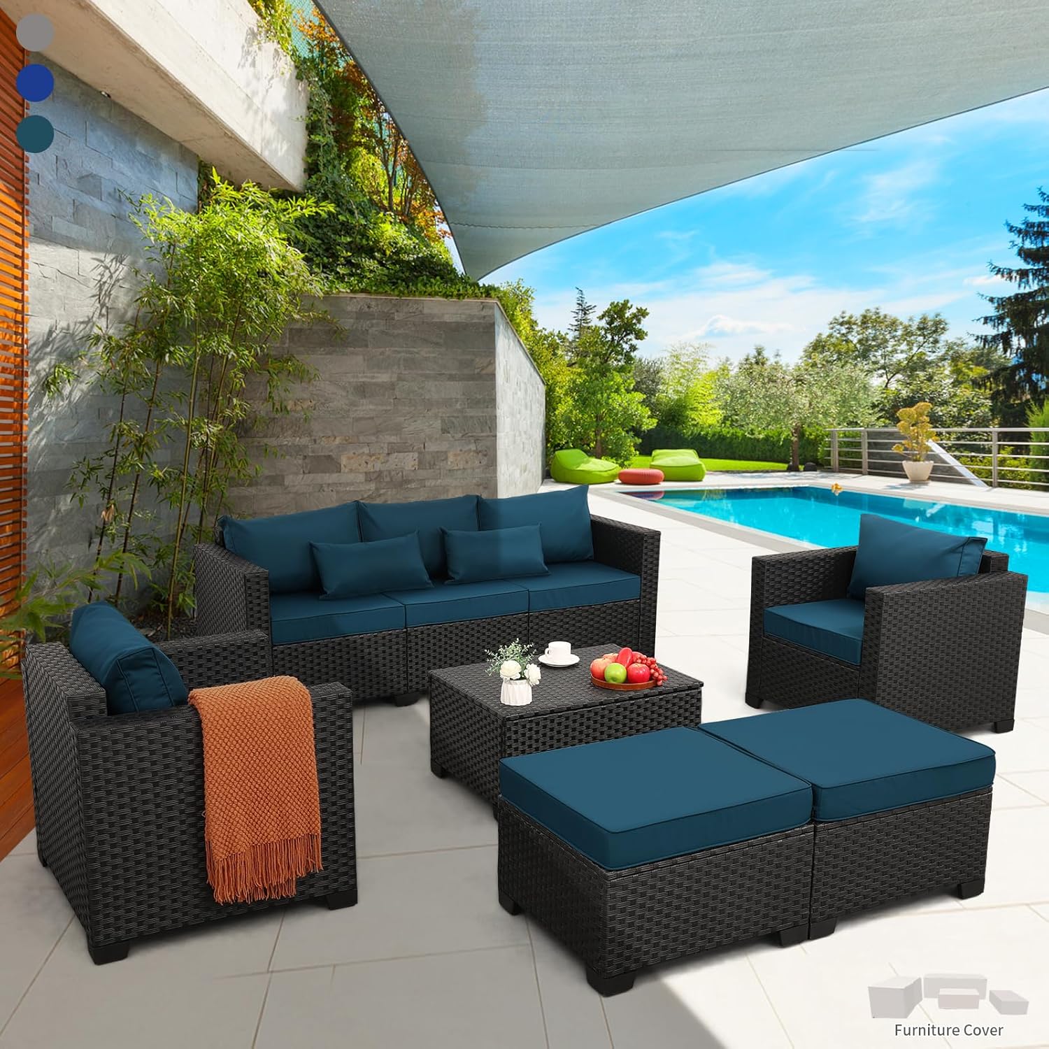 Rattaner Patio Furniture Set 6 Pieces Couch Outdoor Chairs Coffee Table Peacock Blue Anti-Slip Cushions and Waterproof Covers