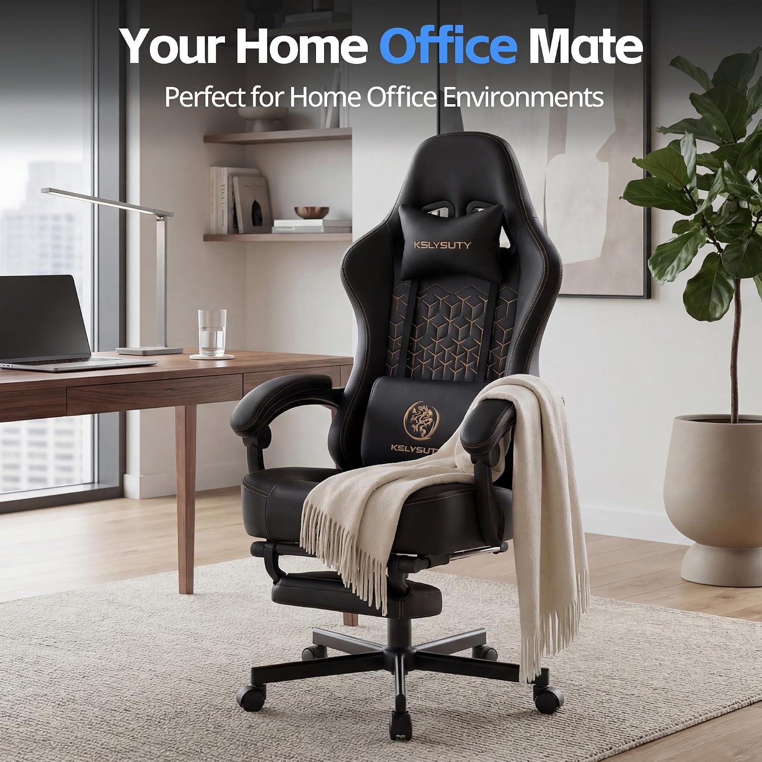Gaming Chair Breathable Leather with Pocket Spring Cushion, Wide and High Ergonomic Office Chair with Headrest, Computer Gaming Chair with Footrest for Adult and Teen (Black Leather)
