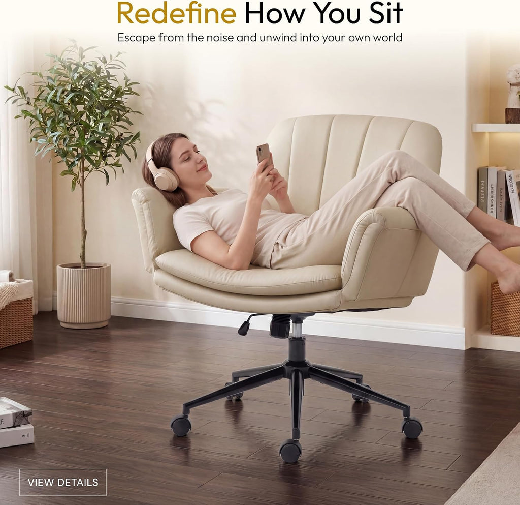 Dowinx Criss Cross Chair with Five-Level Adjustable Arms and Wheels - Comfortable Ergonomic PU Leather Swivel Vanity Chair - Computer Makeup Gaming Chair for Home Office, Bedroom, Vanity Room (Khaki)