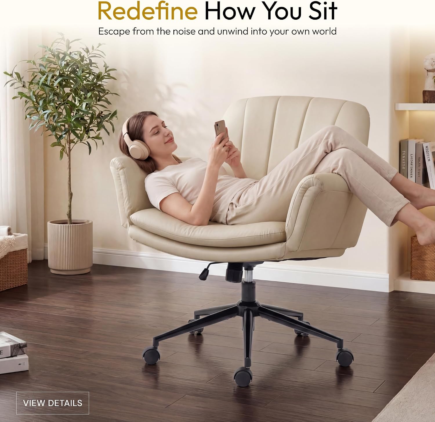 Dowinx Criss Cross Chair with Five-Level Adjustable Arms and Wheels - Comfortable Ergonomic PU Leather Swivel Vanity Chair - Computer Makeup Gaming Chair for Home Office, Bedroom, Vanity Room (Khaki)