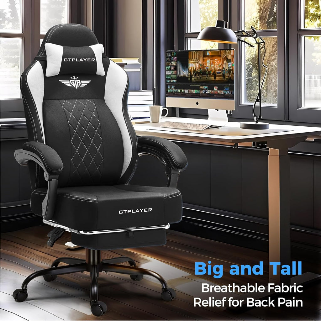 GTPLAYER Big and Tall Gaming Chair Breathable Fabric Computer Chair with Strong Lumbar Support, Comfortable Office Chairs with Pocket Spring Cushion, High Back Ergonomic Desk Chairs with Footrest