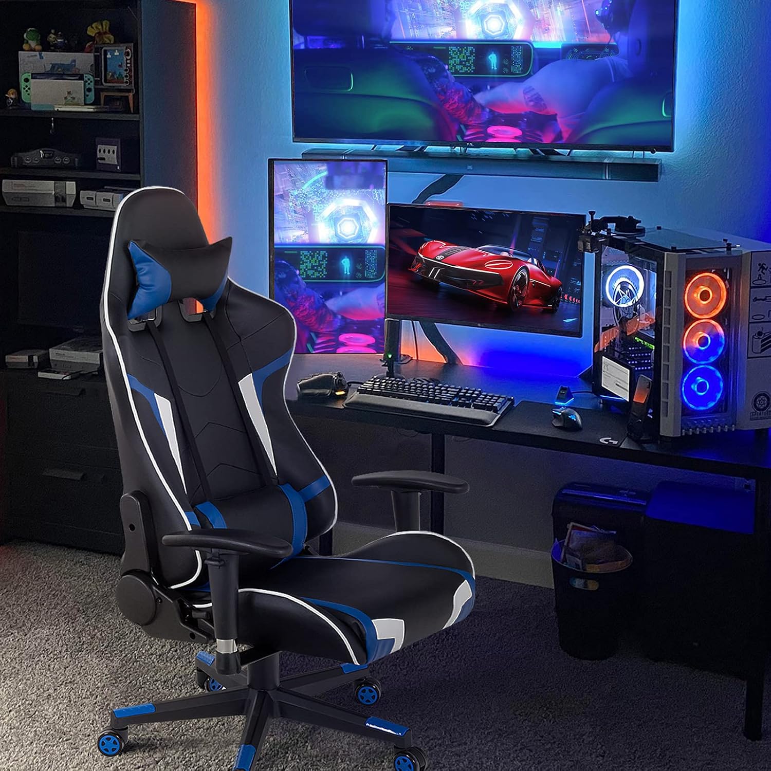 GYMAX Gaming Chair, Massage Gaming Chairs for Adults with Headrest, Lumbar Support & Armrest, Video Computer Reclining Gaming Chair, Office Desk Gamer Task Chair (Blue)