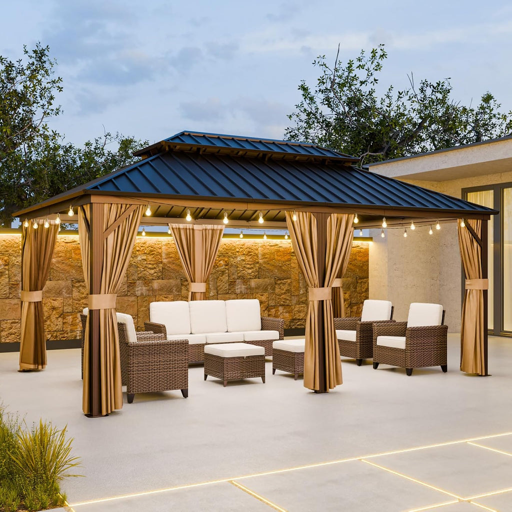 12x18 Hardtop Gazebo with Netting and Curtains, Galvanized Steel Double Roof Outdoor Pavilion with Aluminum Frame, Patio Gazebo for Deck, Garden, Lawn, Dark Brown/Tan
