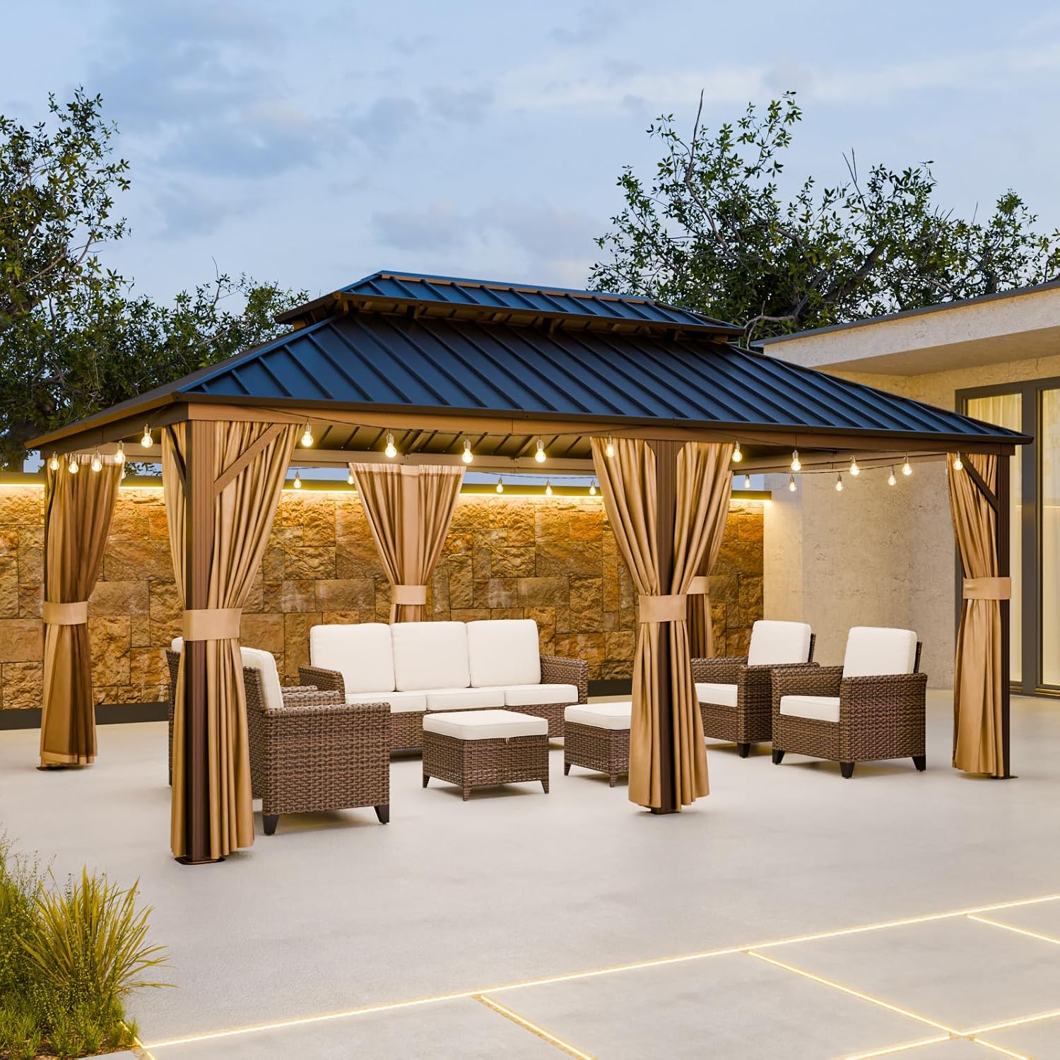 12x18 Hardtop Gazebo with Netting and Curtains, Galvanized Steel Double Roof Outdoor Pavilion with Aluminum Frame, Patio Gazebo for Deck, Garden, Lawn, Dark Brown/Tan