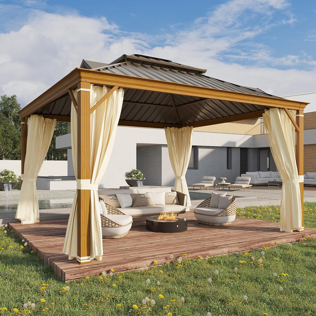 YOLENY 12'x12' Hardtop Gazebo, Wood Grain Aluminum Frame Canopy with Galvanized Steel Double Roof, Outdoor Patio Gazebo with Netting and Curtains for Backyard, Patio, Lawns