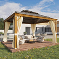 YOLENY 12'x12' Hardtop Gazebo, Wood Grain Aluminum Frame Canopy with Galvanized Steel Double Roof, Outdoor Patio Gazebo with Netting and Curtains for Backyard, Patio, Lawns
