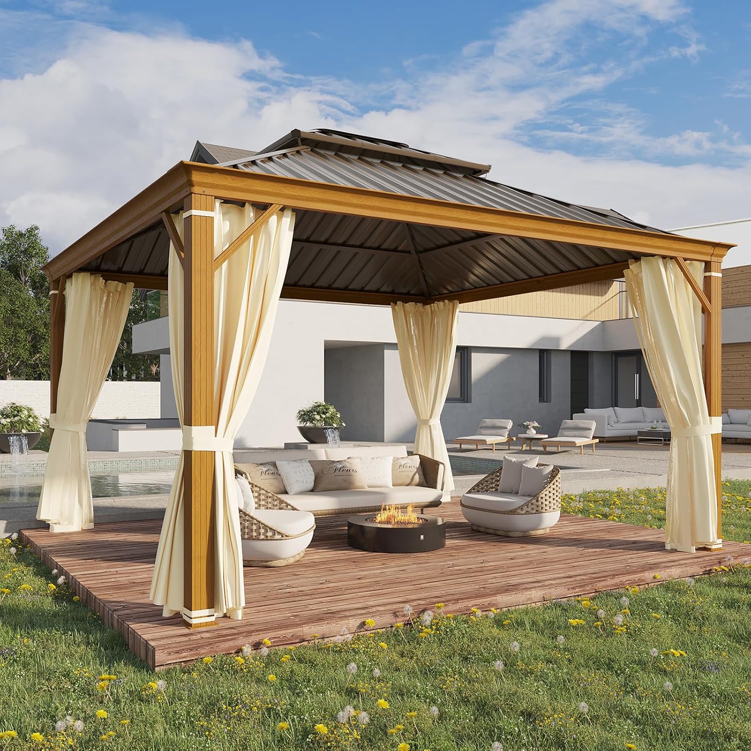 YOLENY 12'x12' Hardtop Gazebo, Wood Grain Aluminum Frame Canopy with Galvanized Steel Double Roof, Outdoor Patio Gazebo with Netting and Curtains for Backyard, Patio, Lawns