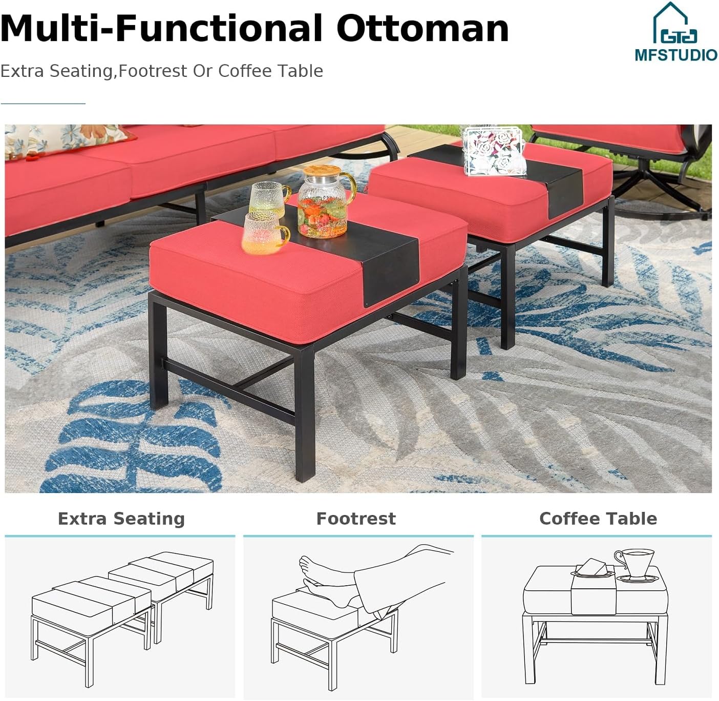 MFSTUDIO 8 Pieces Patio Furniture Sets with 45' Gas Fire Pit Table(Up to 9 Seat),Outdoor Metal Conversation Sofas with 1 x 3-Seat Sofa, 2 Single Chairs,2 Swivel Chairs and 2 Ottoman,Red Cushion
