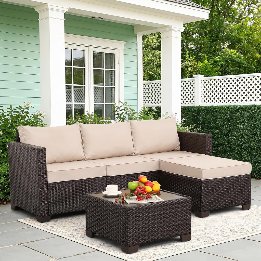 Rattan Star Patio Furniture Set 3 Piece Outdoor Sectional Sofa Set with Wicker Couch, Ottoman, Patio Table All-Weather Non-Slip Cushions and Waterproof Covers, Khaki