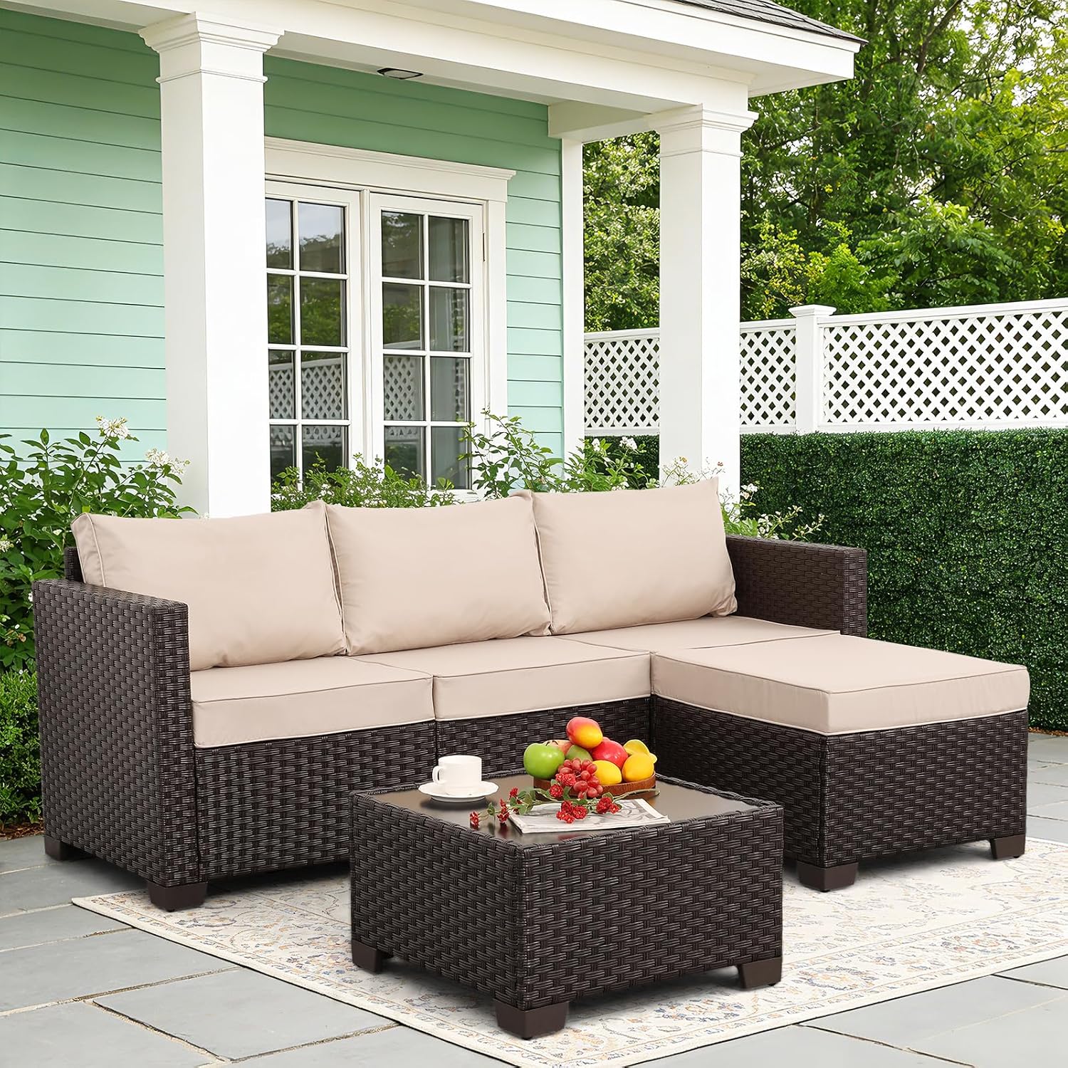 Rattan Star Patio Furniture Set 3 Piece Outdoor Sectional Sofa Set with Wicker Couch, Ottoman, Patio Table All-Weather Non-Slip Cushions and Waterproof Covers, Khaki