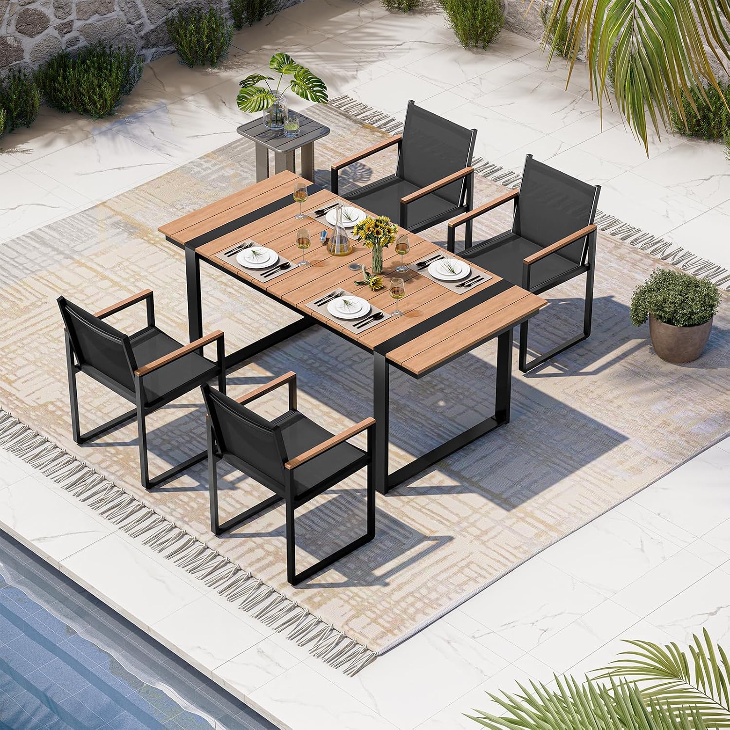 Outdoor Table and Chairs of 4, Patio Dining Sets, HDPS + Aluminum Outdoor Furniture Set with Umbrella Hole, Patio Dining Table Set (Gray-Teak)
