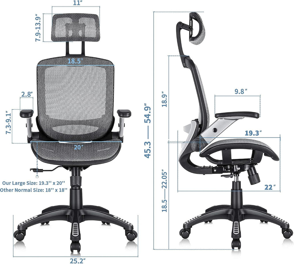 GABRYLLY Ergonomic Office Chair, High Back Home Desk Chair with Headrest, Flip-Up Arms, 90-120° Tilt Lock and Wide Cushion, Big and Tall Mesh Chairs for Man Woman, Grey Task Chair
