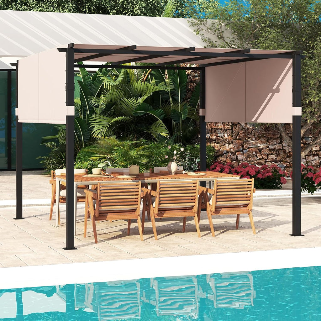 Tangkula 10x10 Ft Pergola With 2-Piece Retractable Sun Shade Canopy, Extra Large Patio Shelter Pavilion for Deck, Porch, Garden, Yard (Beige)