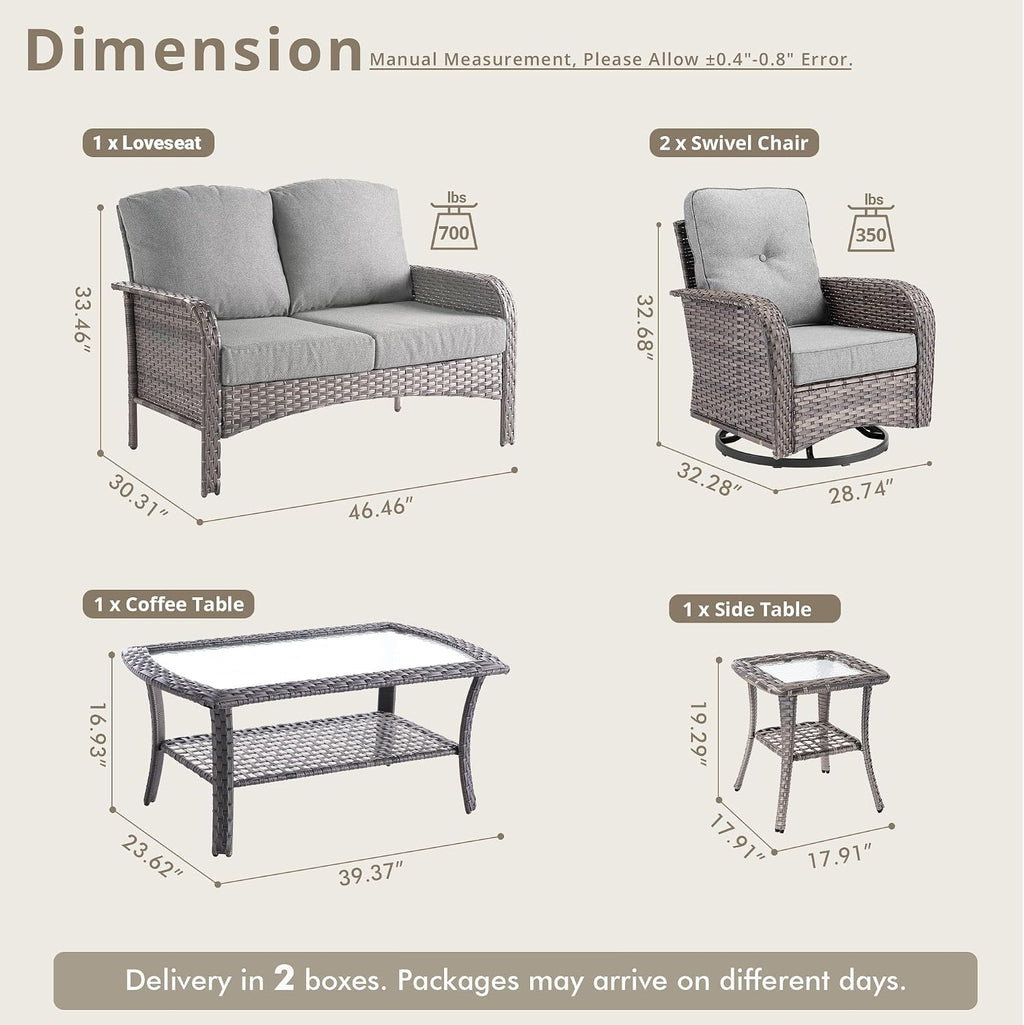 Weaxty Wicker Patio Furniture Set with Swivel Rocker Chairs Outdoor Loveseat Sofa and Rattan Coffee Table, 5 Pieces Outdoor Conversation Sets for Patio Porch Deck Backyard Poolside, Dark Gray