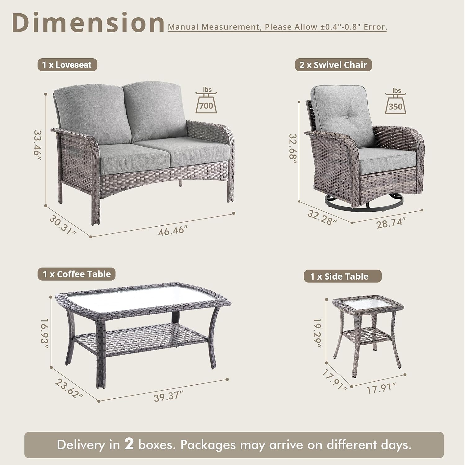 Weaxty Wicker Patio Furniture Set with Swivel Rocker Chairs Outdoor Loveseat Sofa and Rattan Coffee Table, 5 Pieces Outdoor Conversation Sets for Patio Porch Deck Backyard Poolside, Dark Gray