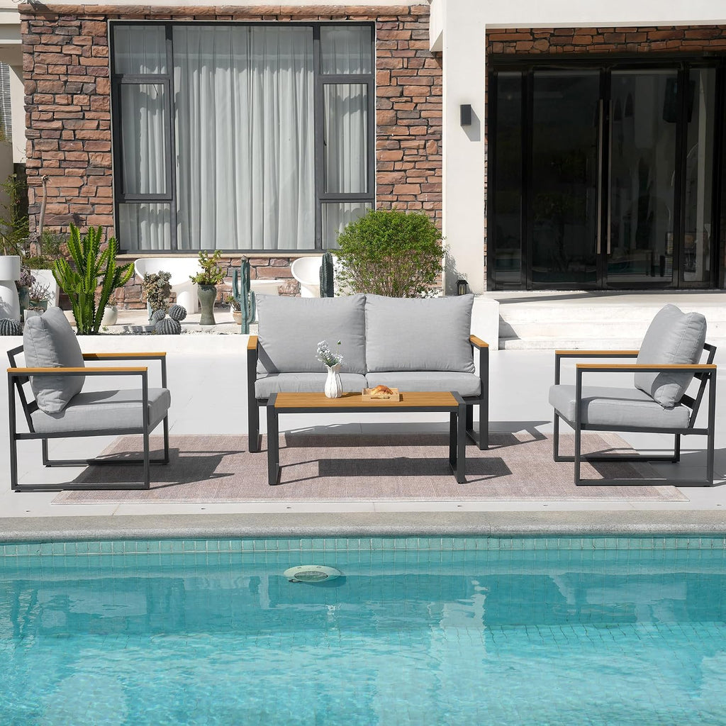 Patio Furniture Set, 4 Pieces Outdoor Patio Furniture with Coffee Table Set, Metal Patio Conversation Sets with Washable and High-Resiliency Sponge Cushions, Upgarded Light Grey