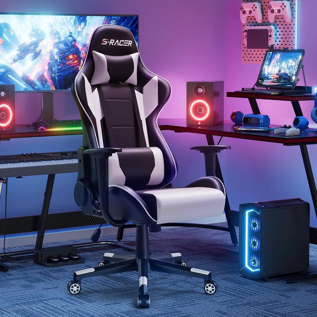 Furniwell Gaming Chair PU Leather Office Chair High Back Computer Desk Chair Adjustable Swivel Racing Executive Leather Ergonomic Task with Headrest and Lumbar Support (White)