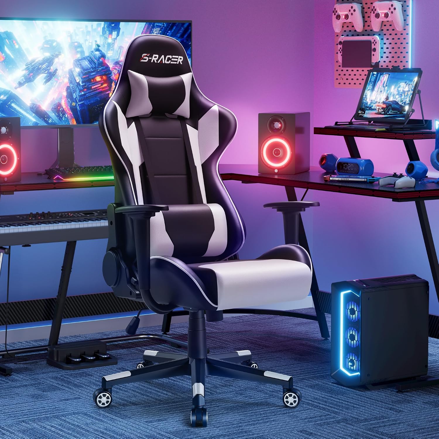 Furniwell Gaming Chair PU Leather Office Chair High Back Computer Desk Chair Adjustable Swivel Racing Executive Leather Ergonomic Task with Headrest and Lumbar Support (White)