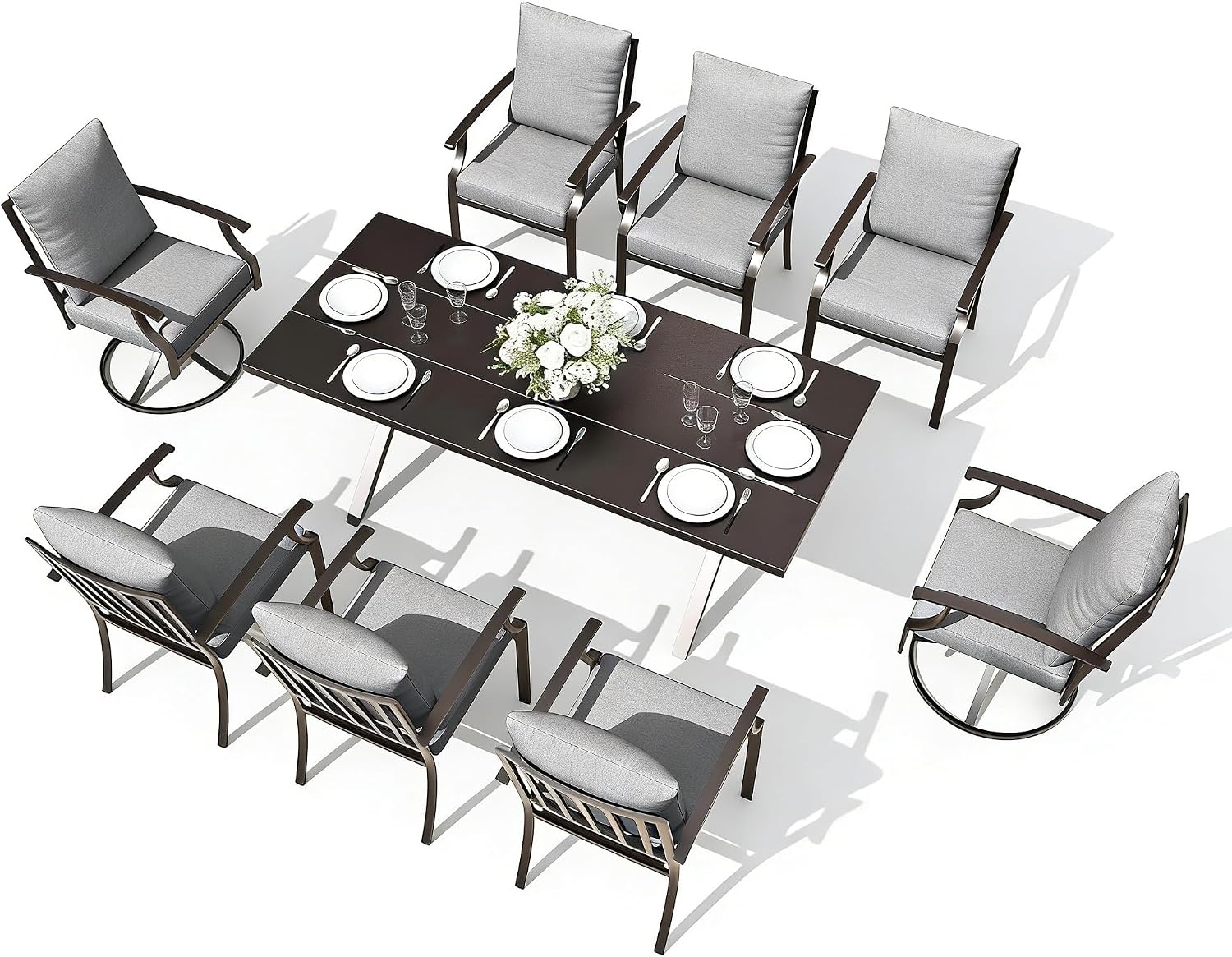 Gotland 9 Piece Outdoor Dining Set, Metal Outdoor Table and Swivel Chairs with X-Shaped Legs 1.5' Umbrella Hole, Patio Furniture Set with Waterproof Cushions, Patio Dining Sets for Backyard Deck Gray